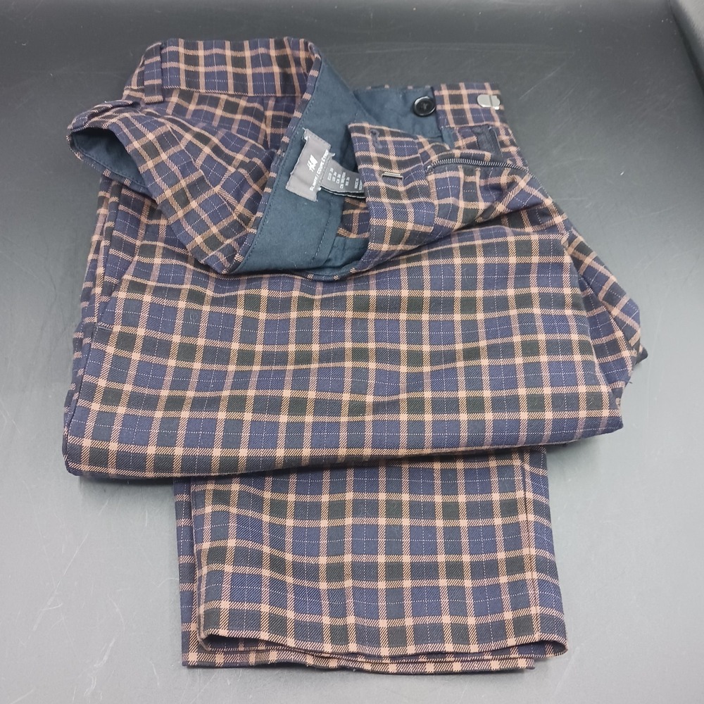 H&M Slim Fit Plaid Tartan Coupe Etroite 36x29 Mens Navy/Blk/Tan Slack pant F05